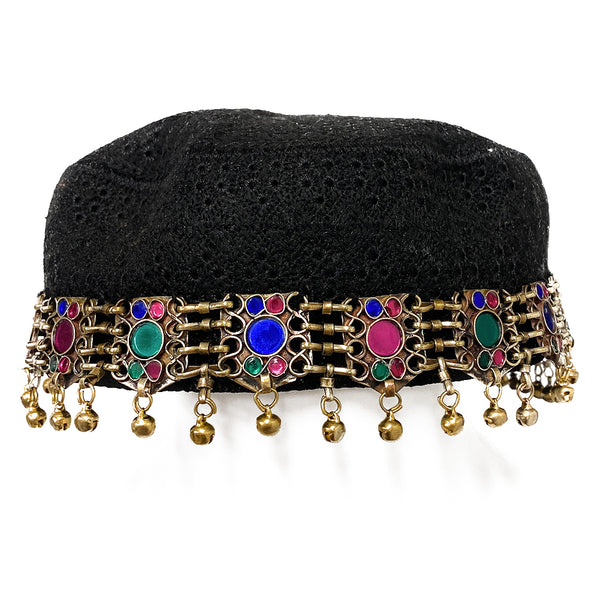 Turkish Ottoman Kayi Tribal Diriliş Ertuğrul Ghazi Women Men Handmade Headpiece Hat in Black Antique Finish Ornaments and Multicolor Stones - Duel On Jewel
