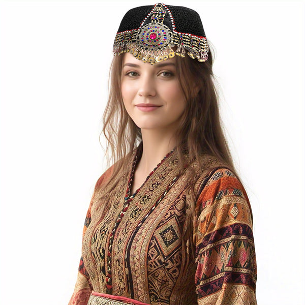 Turkish Ottoman Kayi Tribal Diriliş Ertuğrul Ghazi Women Men Handmade Headpiece Hat in Black Antique Finish Ornaments and Multicolor Stones - Duel On Jewel