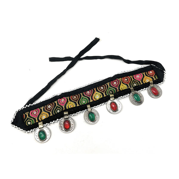 Handmade Afghan tribal embroidered headband with antique coins and multicolor stones – boho chic festival accessory for women