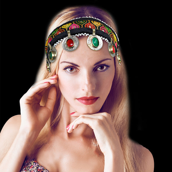 Model wearing Afghan tribal embroidered headband styled as boho crown – handmade heritage jewelry look