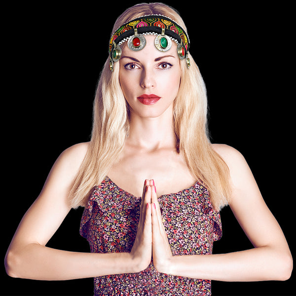 Close-up of detailed embroidery and coin dangles on Afghan Kuchi headband – vintage tribal craftsmanship