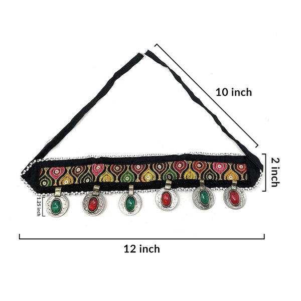 Embroidered fabric headband with antique coins and red-green stones – Kuchi Turkman inspired jewelry