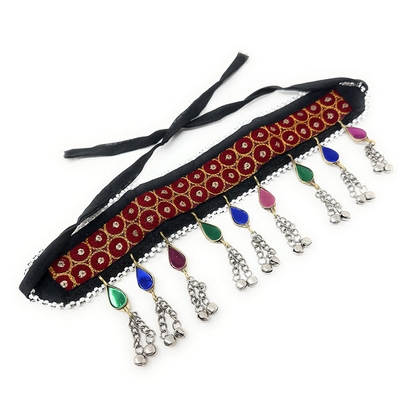 Handmade Afghan tribal red embroidered headband with multicolor stones and metal bell chains – boho chic festival jewelry for women