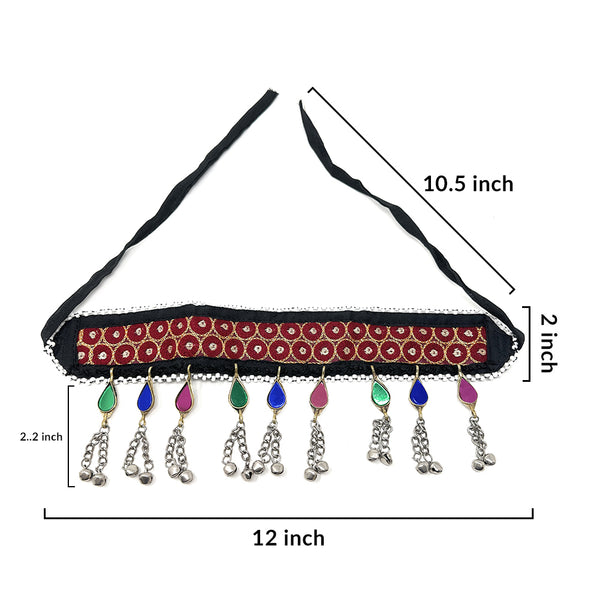 Red embroidered tribal headpiece with hanging metal chains and bells – bohemian handmade jewelry look