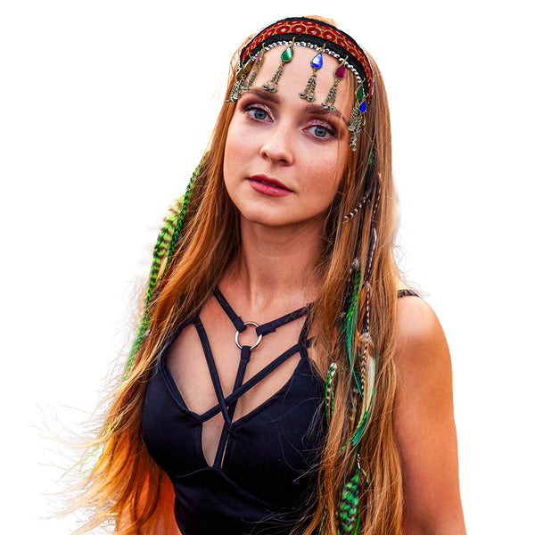 Model wearing Afghan tribal red headband styled for Navratri and Dandiya festival fashion