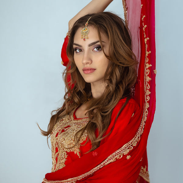 Indian Traditional Maang Tika Gold Plated Round Forehead Hair Head Ornament in Red Green White Stones and Little Charms - Party Dance Headpiece For Women Girls by Duel On Jewel