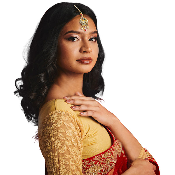 Indian Traditional Maang Tika Gold Plated Round Forehead Hair Head Ornament in Red Green White Stones and Little Charms - Party Dance Headpiece For Women Girls by Duel On Jewel