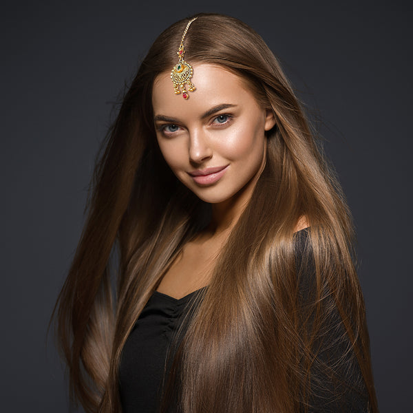 Indian Traditional Maang Tika Gold Plated Round Forehead Hair Head Ornament in Red Green White Stones and Little Charms - Party Dance Headpiece For Women Girls by Duel On Jewel