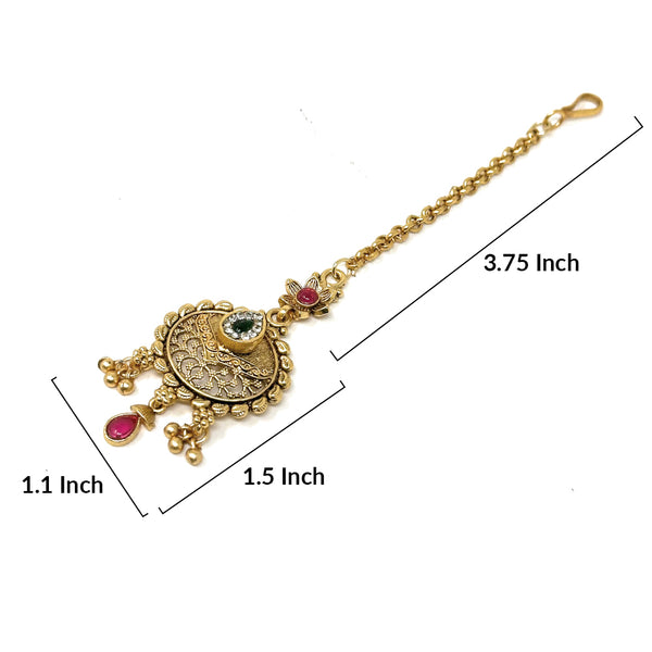 Indian Traditional Maang Tika Gold Plated Round Forehead Hair Head Ornament in Red Green White Stones and Little Charms - Party Dance Headpiece For Women Girls by Duel On Jewel