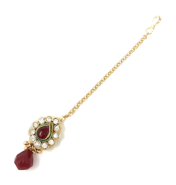 Ethnic Indian Forehead Traditional Kundan CZ Gold Plated Handmade Red Drop Maang Tika Party Wedding For Women Girls - Duel On Jewel
