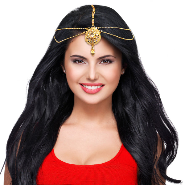 Gold Plated Teardrop Forehead Hair Head Indian Traditional Damini Ornament Maang Tika Matha Patti - Duel On Jewel