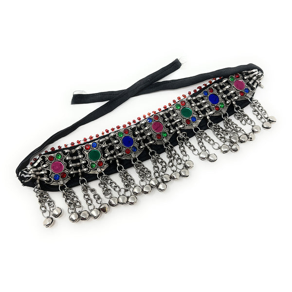 Afghan Tribal Womens Kuchi Oxidized Antique Metal Handmade Bells Choker Necklace in Multicolor Stones - Bohemian Belly Dancing - Duel On Jewel