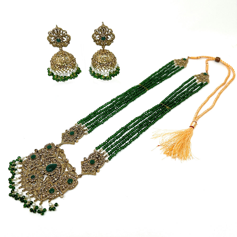 Indian Pakistani Womens Multi Strand Green Long Rani Haar Necklace Gold Plated Pendant with Chandelier Jhumka Earrings Gift Set Duel On Jewel