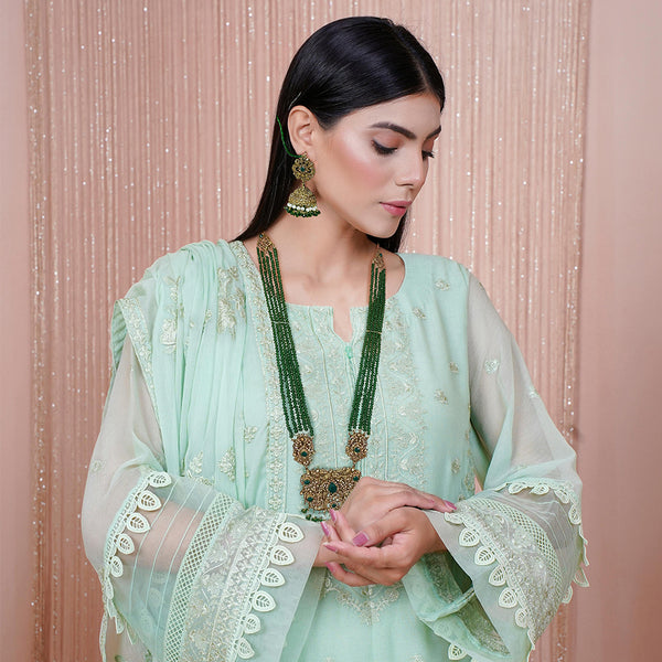 Indian Pakistani Womens Multi Strand Green Long Rani Haar Necklace Gold Plated Pendant with Chandelier Jhumka Earrings Gift Set - Duel On Jewel