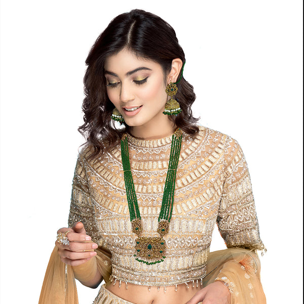 Indian Pakistani Womens Multi Strand Green Long Rani Haar Necklace Gold Plated Pendant with Chandelier Jhumka Earrings Gift Set - Duel On Jewel