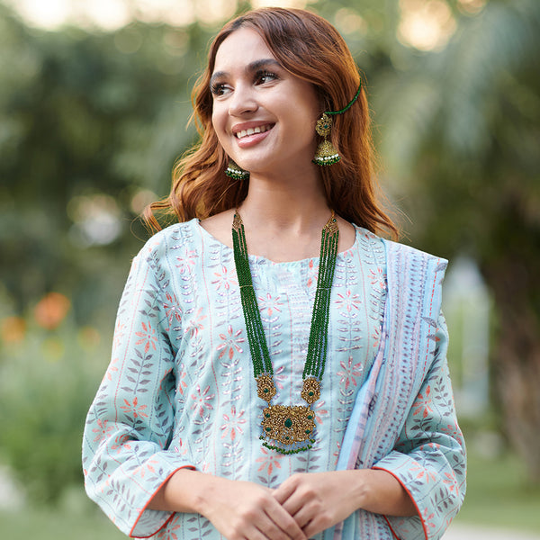 Indian Pakistani Womens Multi Strand Green Long Rani Haar Necklace Gold Plated Pendant with Chandelier Jhumka Earrings Gift Set - Duel On Jewel