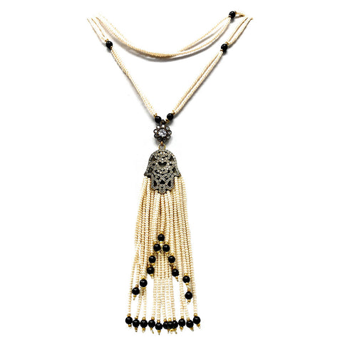 Ottoman Turkish Sterling Silver Talisman Hamsa Hand in White Multi Strand Long Necklace Pendant with Blue Evil Eye Beads Gift For Teen Girls Women - Duel On Jewel