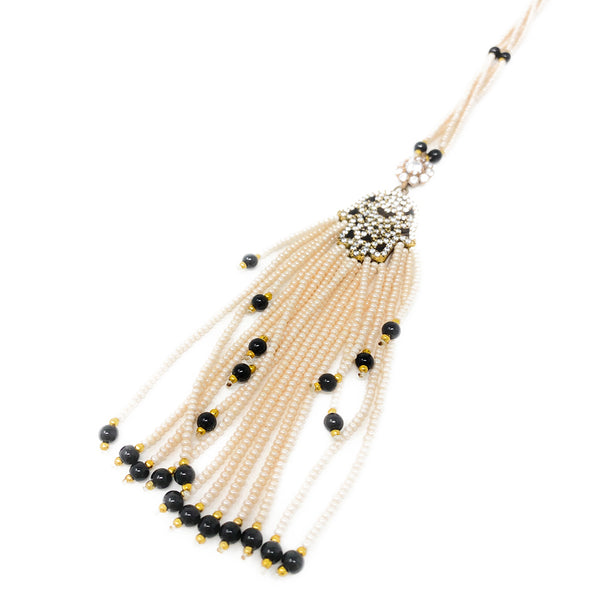 Antique-style Ottoman Hamsa necklace featuring lustrous hand-strung cultured pearls.
