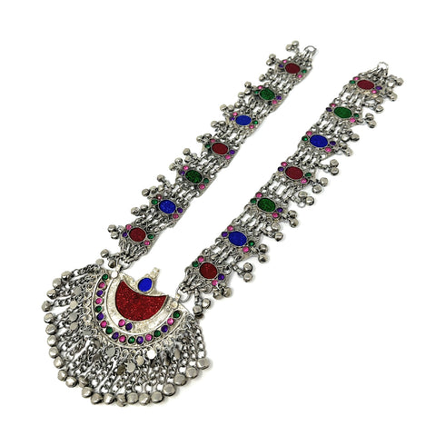 Handmade Afghan tribal half-moon pendant necklace with oxidized silver metal and multicolor stones