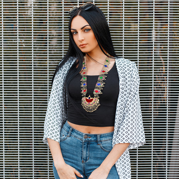 Statement festival necklace with red, green, blue, and pink stones for Navratri and Dandiya nights