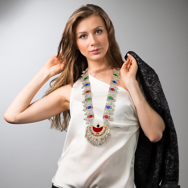 Artisan-crafted Afghan pendant necklace with hammered oxidized finish and geometric stone-inlaid chain