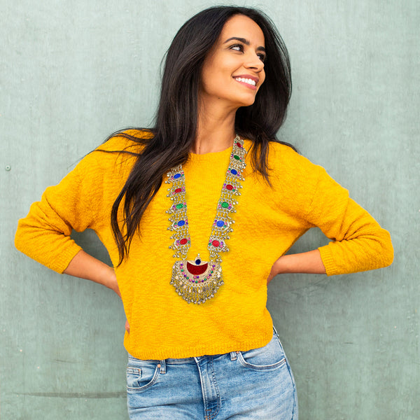 Ethnic tribal necklace in white gift box with burgundy tissue paper, ready for gifting