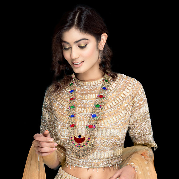 Multicolor stone Afghan necklace with fringe and bell accents, perfect for boho chic outfits