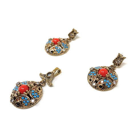 Sterling Silver Womens Formal Turkish Multicolor Drop Pendant Dangle Earring Jewelry Gift Set - Duel On Jewel