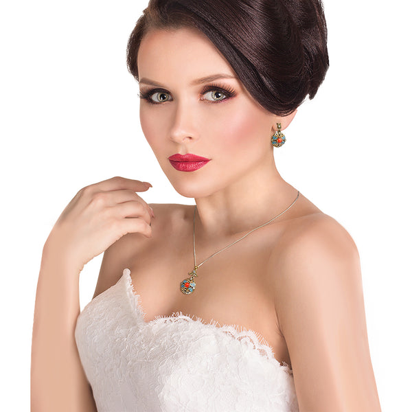 Sterling Silver Womens Formal Turkish Multicolor Drop Pendant Dangle Earring Jewelry Gift Set - Duel On Jewel