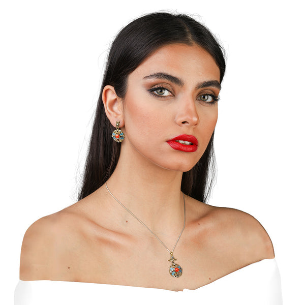 Sterling Silver Womens Formal Turkish Multicolor Drop Pendant Dangle Earring Jewelry Gift Set - Duel On Jewel