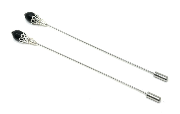 Duel On Jewel | 2-Piece Elegant Hat Pin Set | Long Silver Stick Pins with Black Bead Top | Classic Accessories for Hats, Scarves, Turbans, Costumes & Lapels | Vintage-Inspired Brooch Pair