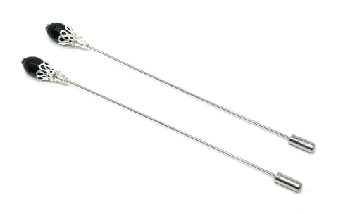 Duel On Jewel | 2-Piece Elegant Hat Pin Set | Long Silver Stick Pins with Black Bead Top | Classic Accessories for Hats, Scarves, Turbans, Costumes & Lapels | Vintage-Inspired Brooch Pair