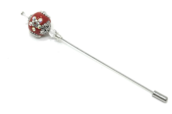 Duel On Jewel | Decorative Red Hat Pin with Rhinestone Floral Bead | Silver Long Stick Pin for Hats, Scarves, Turbans & Craft Styling | Statement Brooch Accessory for Weddings & Vintage Looks