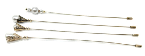 Duel On Jewel | Set of 4 Long White Faux Pearl Hat Pins with Filigree Detailing – Vintage Style Brooch Pins for Hats, Scarves, Suits, Hijabs, and Accessories | Elegant Accent for Women & Men