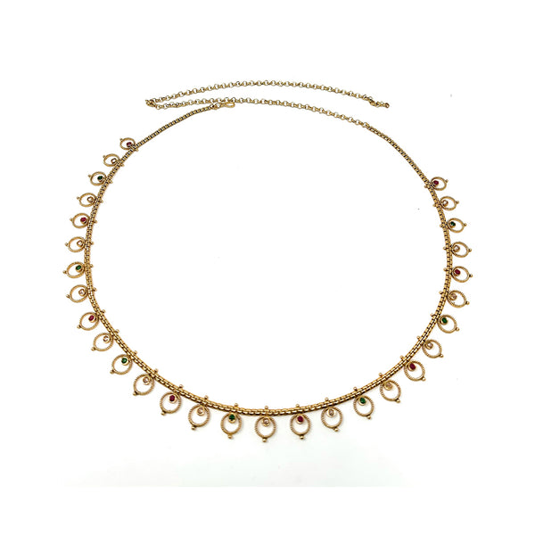 Indian Gold Plated Womens Waist Belly Hip Chain Ethnic Kamarbandh in Red Green White Zircon -  Dandiya Dance Bridal Wedding Party - Duel On Jewel