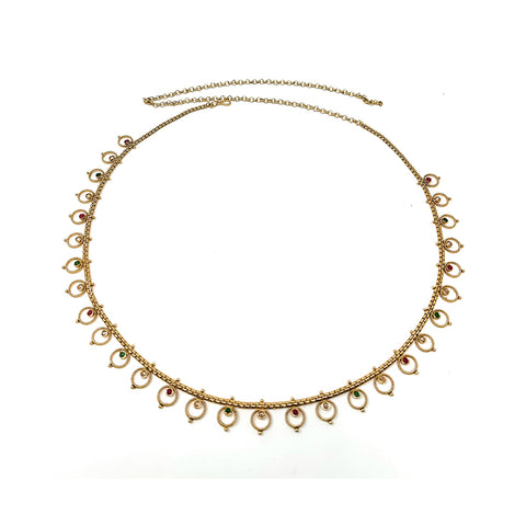 Indian Gold Plated Womens Waist Belly Hip Chain Ethnic Kamarbandh in Red Green White Zircon -  Dandiya Dance Bridal Wedding Party - Duel On Jewel