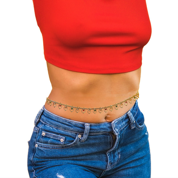 Indian Gold Plated Womens Waist Belly Hip Chain Ethnic Kamarbandh in Red Green White Zircon -  Dandiya Dance Bridal Wedding Party - Duel On Jewel