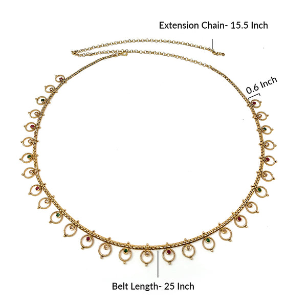 Indian Gold Plated Womens Waist Belly Hip Chain Ethnic Kamarbandh in Red Green White Zircon -  Dandiya Dance Bridal Wedding Party - Duel On Jewel