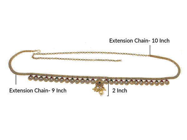 Indian Gold Plated Womens Waist Belly Chain Ethnic Kamarbandh in Red Green Zircon and Drop Pearl - Dandiya Dance Bridal Wedding Party - Duel On Jewel