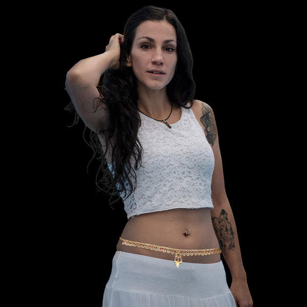 Indian Gold Plated Womens Waist Belly Chain Ethnic Kamarbandh in Red Green Zircon and Drop Pearl - Dandiya Dance Bridal Wedding Party - Duel On Jewel