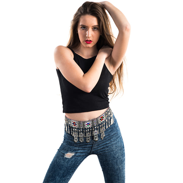 Vintage Afghan waist belt featuring acrylic glass beads and a hammered antique finish.
