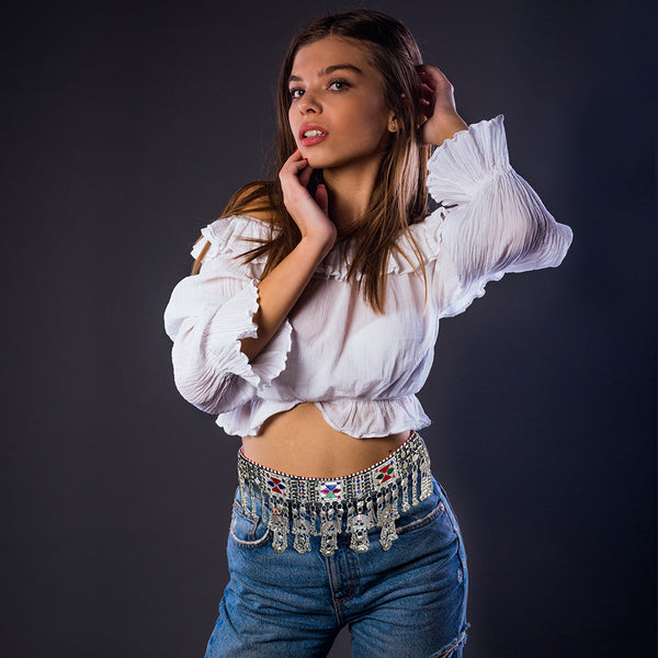 Beach bohemian waist belt inspired by Afghan nomadic jewelry for summer festivals.
