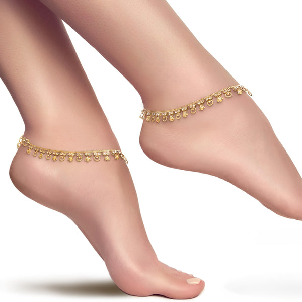 Gold Tone Plated Dainty Womens Indian Payal Bells Anklet Set For Everyday Party Beach Wear - Duel On Jewel
