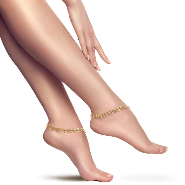 Gold Tone Plated Dainty Womens Indian Payal Bells Anklet Set For Everyday Party Beach Wear - Duel On Jewel