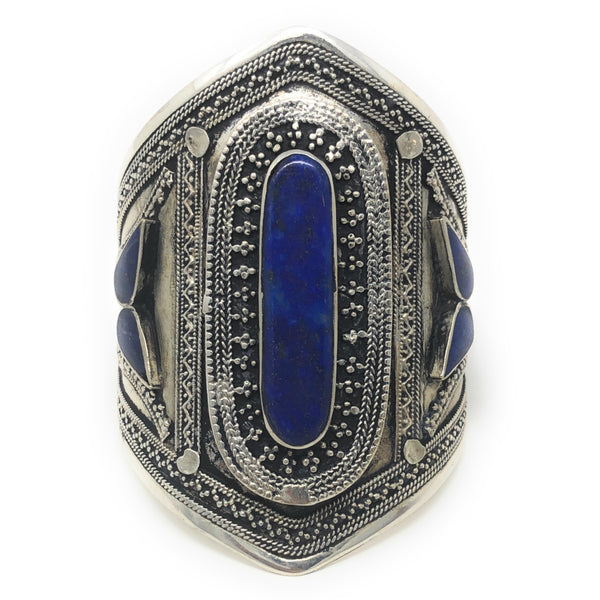 Handmade Afghan tribal cuff bracelet with blue stone and oxidized silver finish – boho chic festival jewelry for women