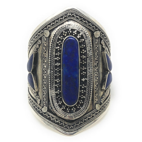 Handmade Afghan tribal cuff bracelet with blue stone and oxidized silver finish – boho chic festival jewelry for women