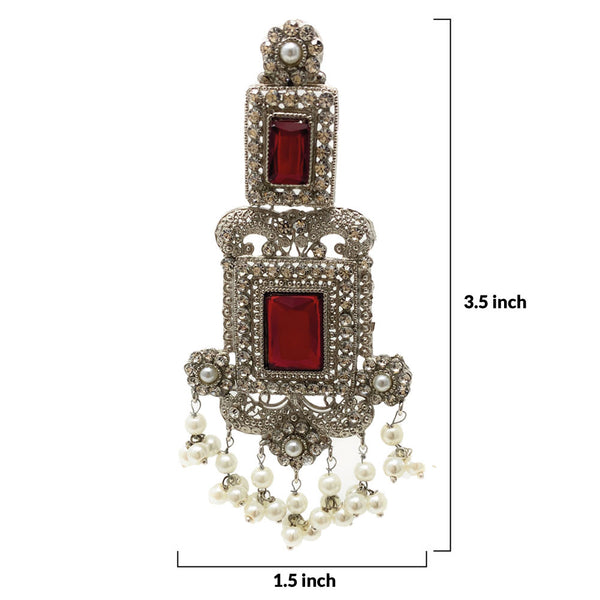 Pakistani Ethnic Silver Plated Red Dangle Victorian Fashion Earrings with Tiny Pearl Clusters Zircon and Pearl Hair Chain - Duel On Jewel