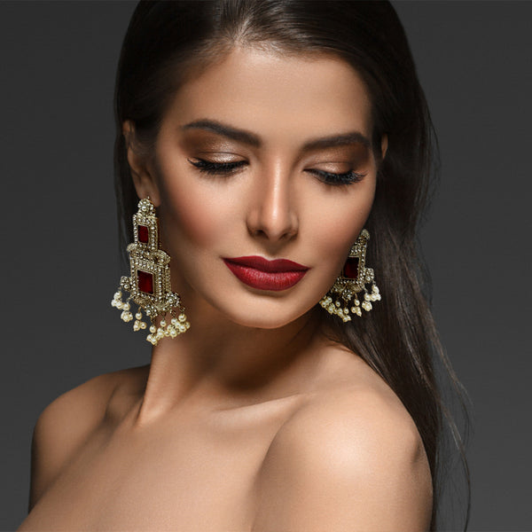 Pakistani Ethnic Silver Plated Red Dangle Victorian Fashion Earrings with Tiny Pearl Clusters Zircon and Pearl Hair Chain - Duel On Jewel