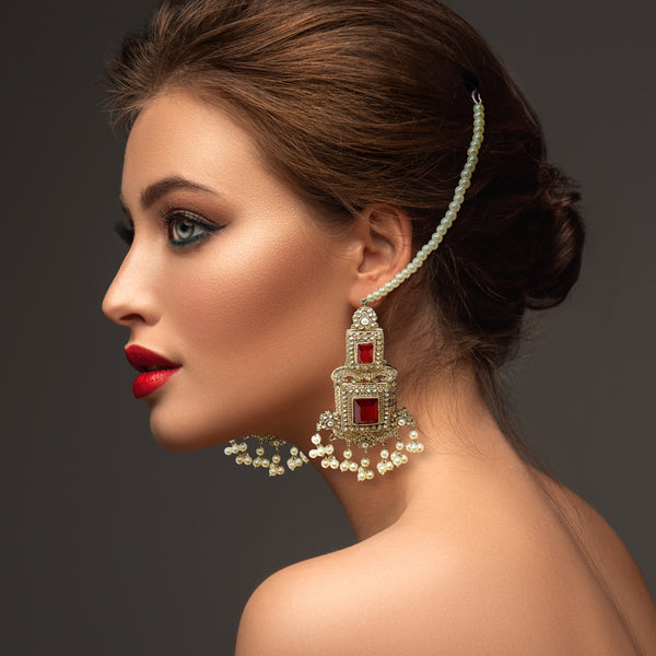 Pakistani Ethnic Silver Plated Red Dangle Victorian Fashion Earrings with Tiny Pearl Clusters Zircon and Pearl Hair Chain - Duel On Jewel