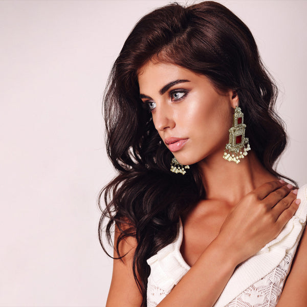 Pakistani Ethnic Silver Plated Red Dangle Victorian Fashion Earrings with Tiny Pearl Clusters Zircon and Pearl Hair Chain - Duel On Jewel